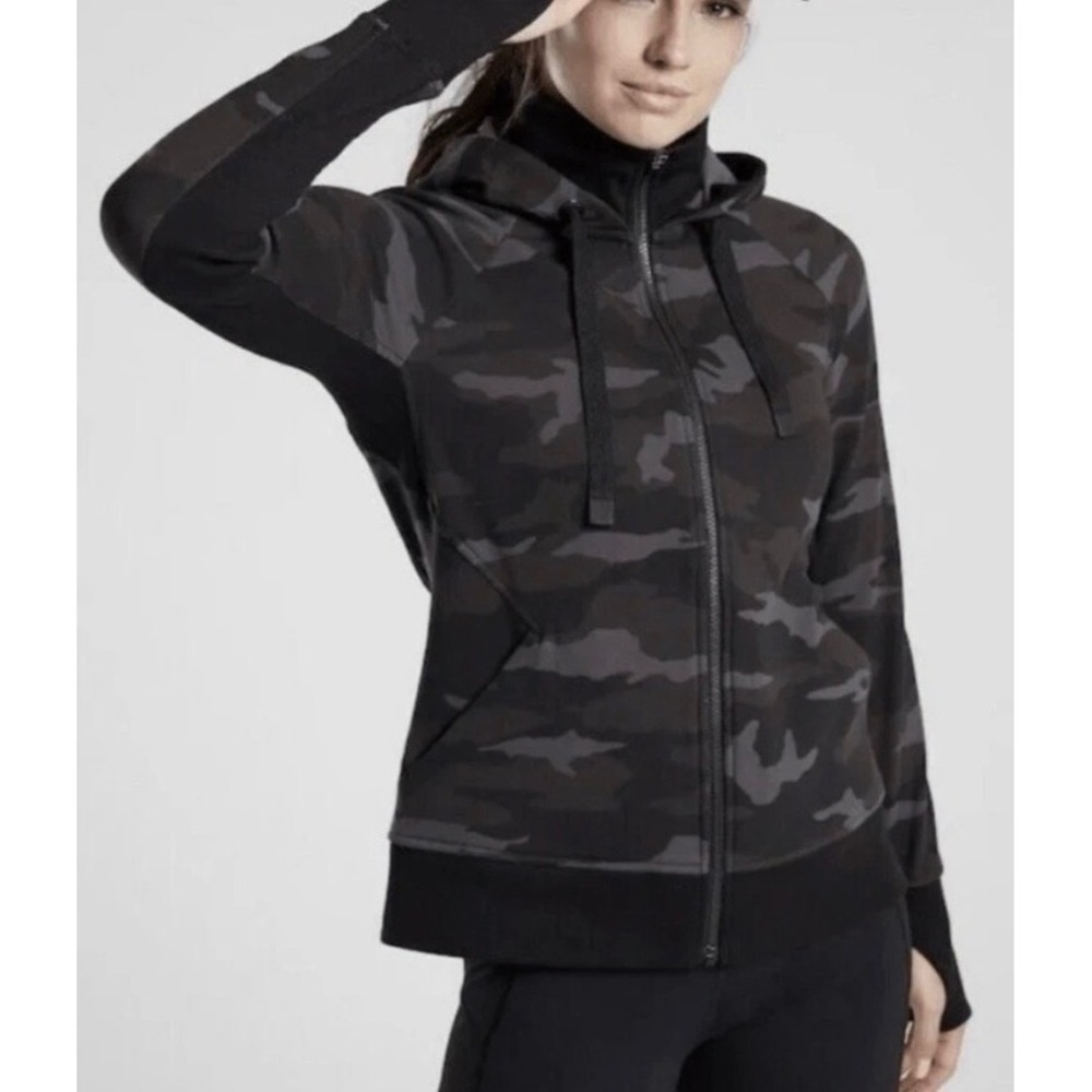 Athleta Womens Triumph Camo Full Zip Hoodie - Gray & Black w/ Thumbholes - M